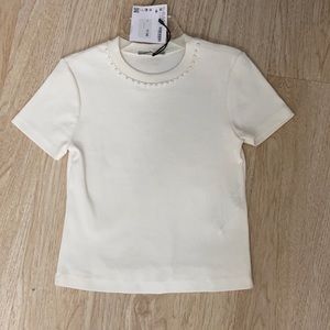 Zara white T-shirt with pearl detail